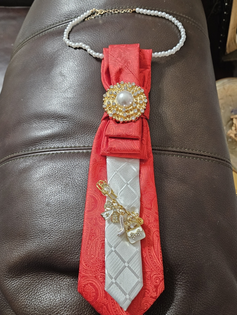 Red  Necktie Necklace with Pearl Brooch Accent